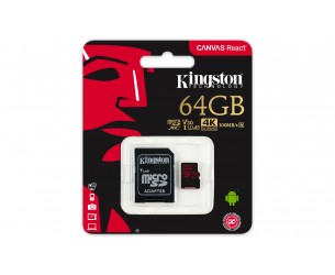 Kingston Canvas React MicroSDXC 64GB, 100MB/s citire/ 80MB/s scriere, U3, UHS-I, V30, A1 Card + Adaptor SD